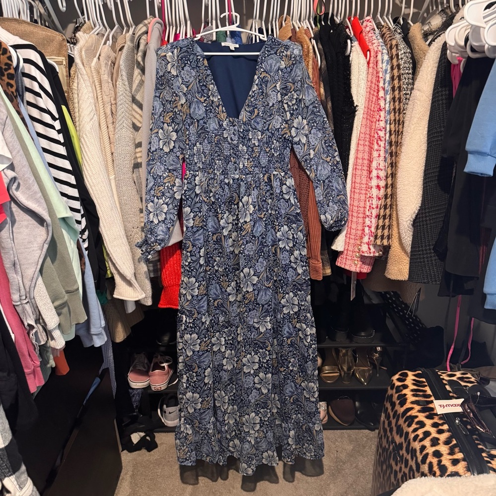 Patrons of Peace Navy Blue Floral Long Sleeve Maxi Dress Small